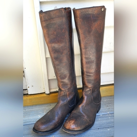 Frye Knee High Leather Back Zip Distressed Riding Boot - Picture 3 of 14